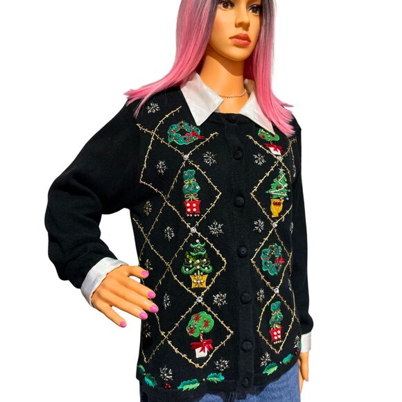 OHI Vintage Black Christmas Holiday Knit Cardigan Sweater Embroidered Beaded - Picture 9 of 13